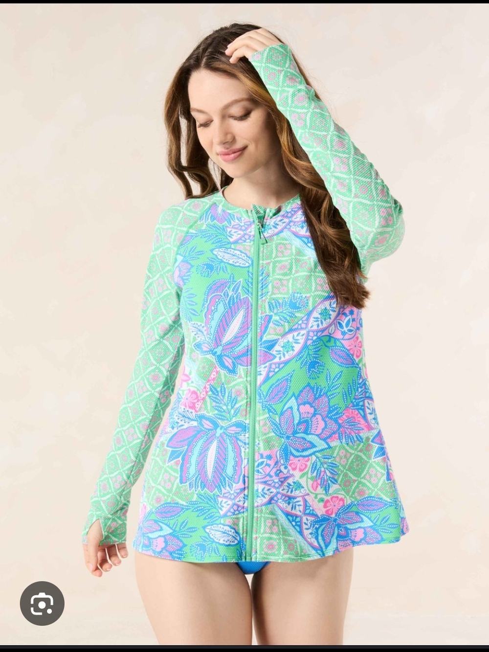 Beach House Mary Long-Sleeve Zip Front Swim Top Rashguard, XL